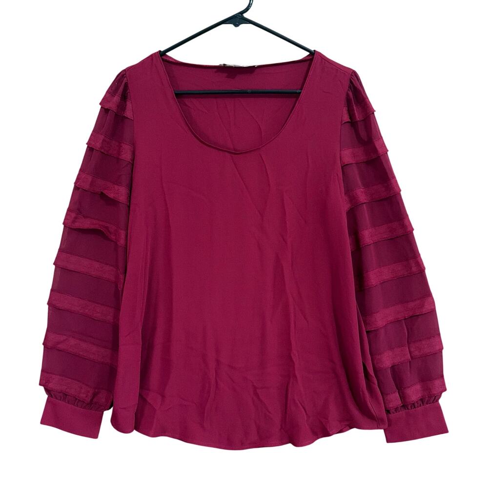 LOFT Womens Blouse Burgundy Long Ruffle Sheer Sleeve Round Neck Small